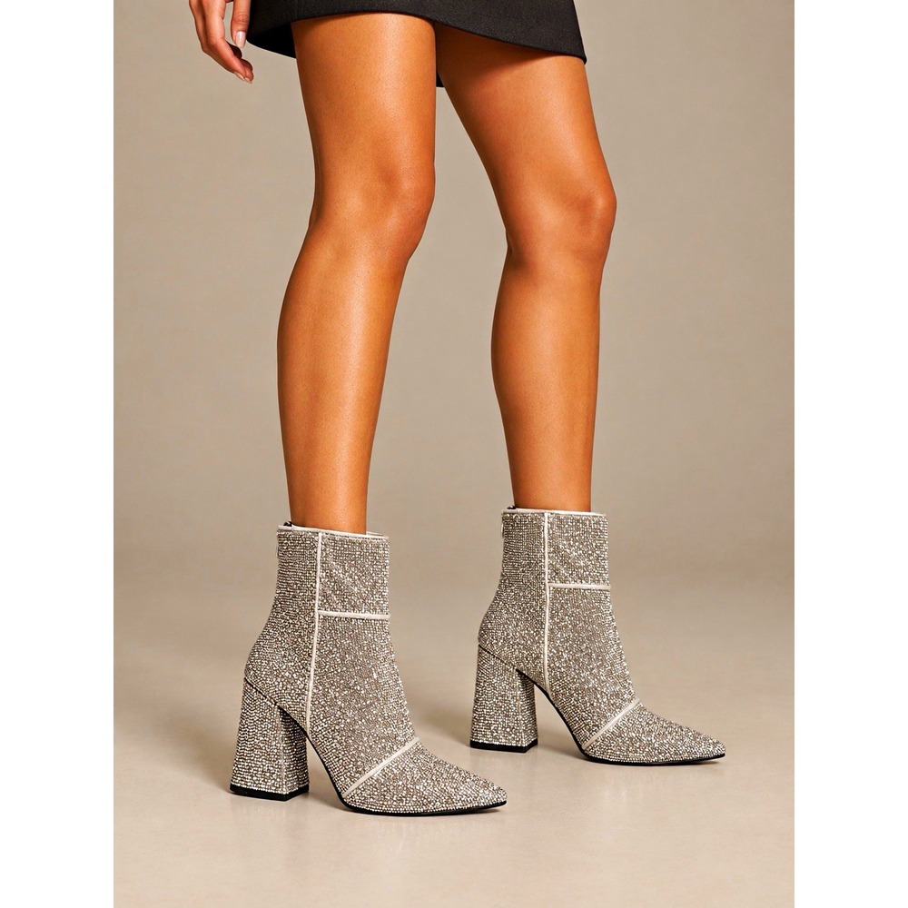 A New Day Cailin Women's Silver Rhinestone Pointed Toe Ankle Zip Bootie 9.5